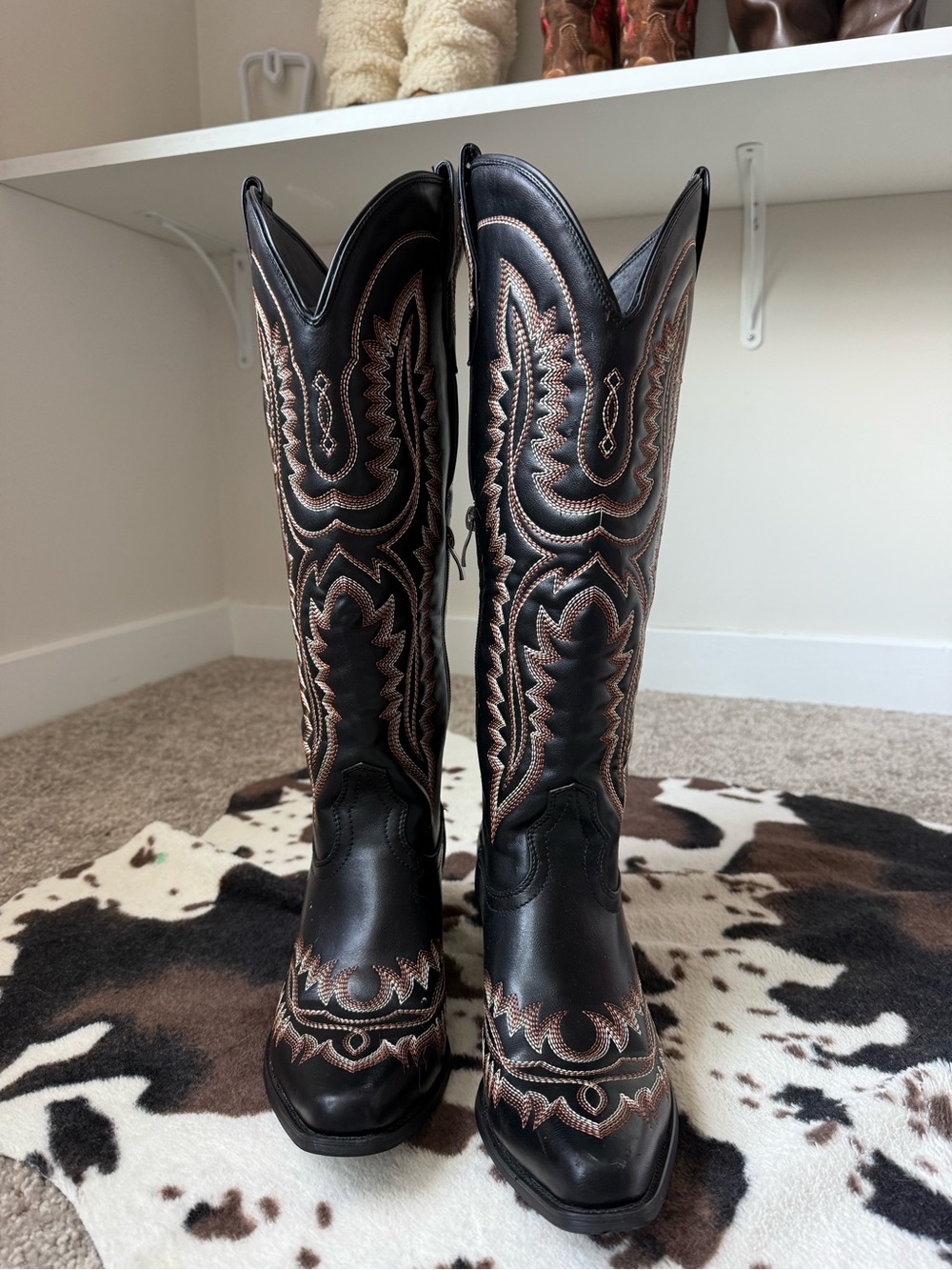 Black Western Cowboy Boots with Brown Embroidery